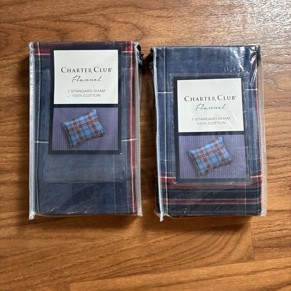 2–Charter Club Flannel Standard Pillow Shams. Blue & Red Plaid. New 100% Cotton